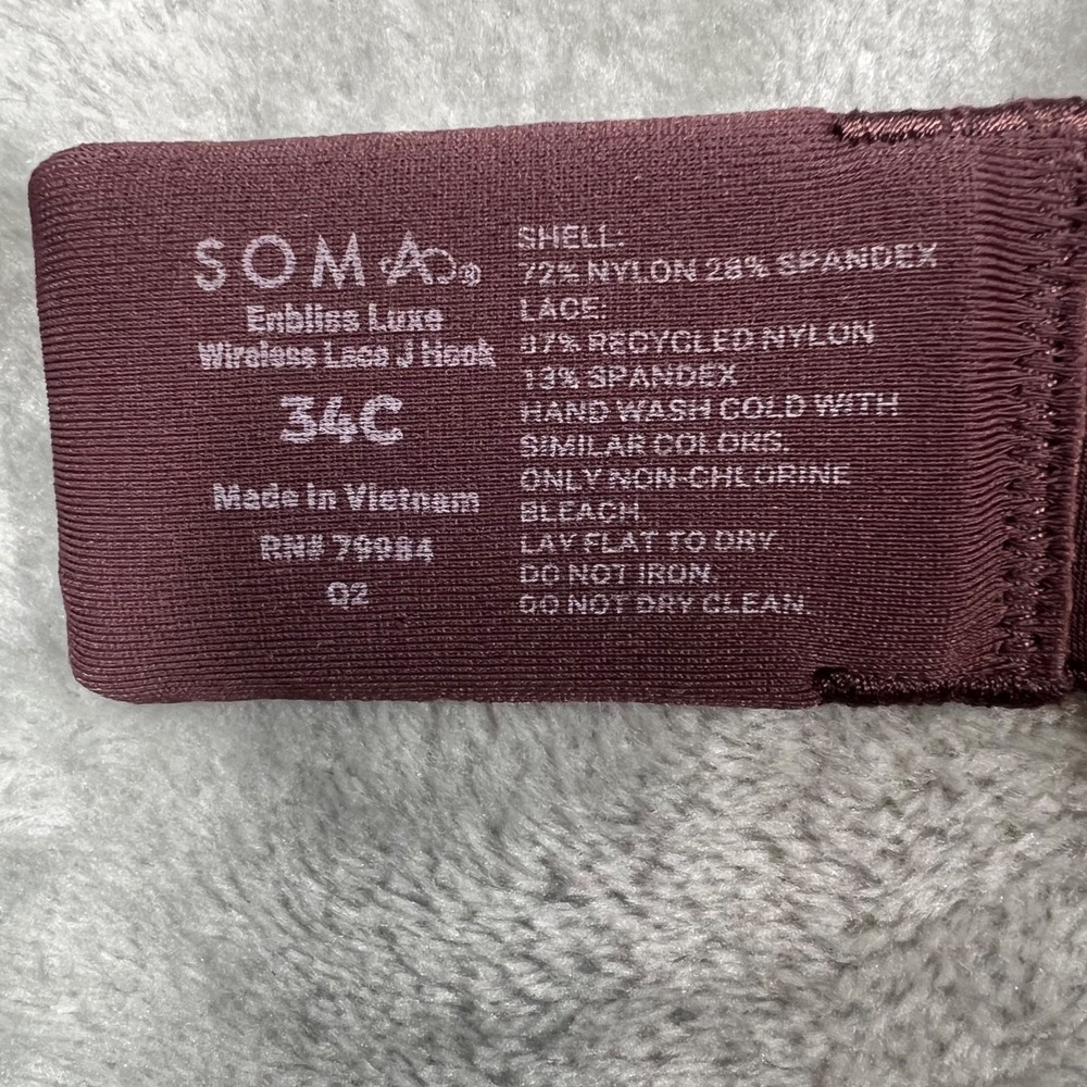 Soma Enbliss Luxe Wireless Bra With‎ Lace Back Size 34C Merlot J-Hook - Picture 4 of 5